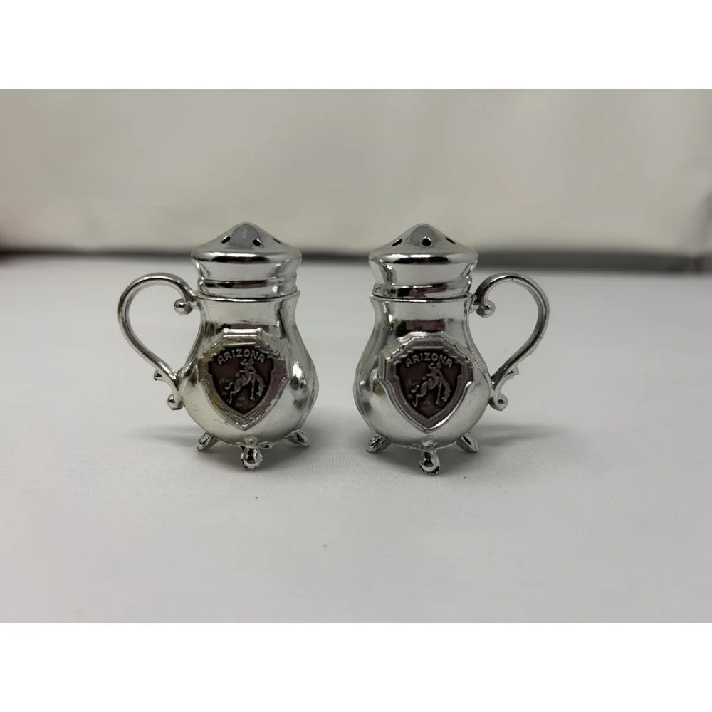 Arizona Salt and Pepper Shakers Silver Plated Vintage Metal Kettles Antique MCM